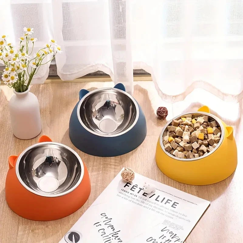 Tilted Stainless Steel Cat Bowl – Non-Slip, Neck-Friendly Feeder for Cats & Dogs