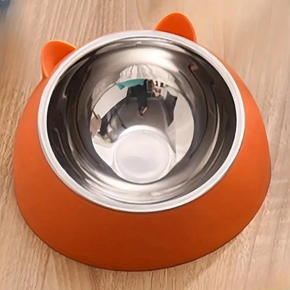 Tilted Stainless Steel Cat Bowl – Non-Slip, Neck-Friendly Feeder for Cats & Dogs