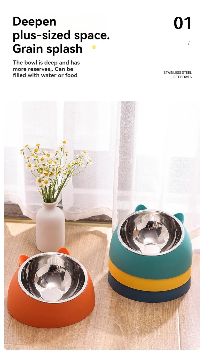 Tilted Stainless Steel Cat Bowl – Non-Slip, Neck-Friendly Feeder for Cats & Dogs