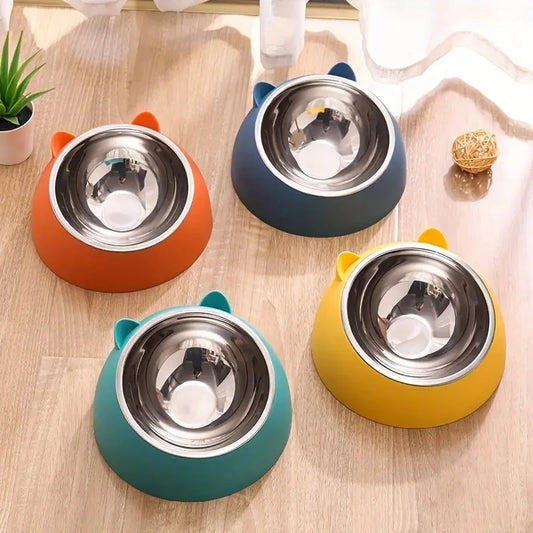 Tilted Stainless Steel Cat Bowl – Non-Slip, Neck-Friendly Feeder for Cats & Dogs